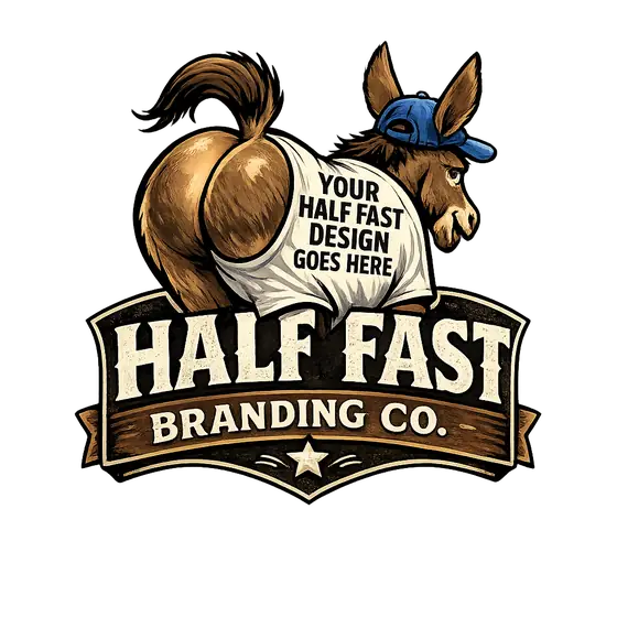 Half Fast Branding Co. logo: a donkey in a blue ball cap looking back over its shoulder, wearing a t-shirt that says Your Half Fast Design Goes Here